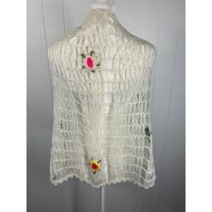 Sally Gee Vintage Handknit Scarf Shawl with Embroidered Rosettes.